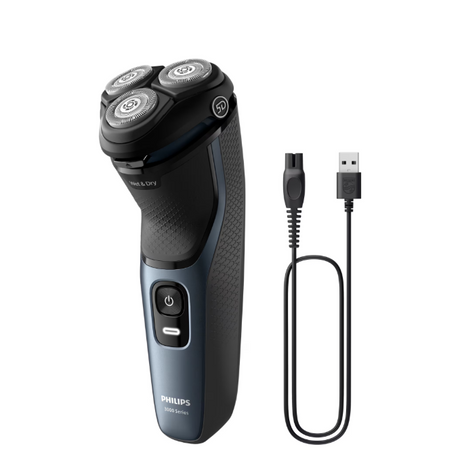 Aparat de ras PHILIPS Shaver Seria 3000 S3144/00, Barbierit umed şi uscat, Fara fir, Capete 5D pivotante si flexibile, Lame autoascutire, 60 min, Capac de protectie, Albastru intens, L x A x I (mm) 140x80x190