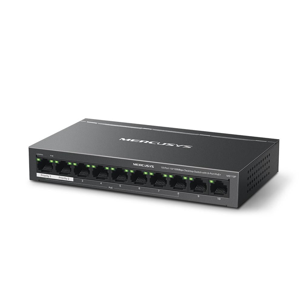 MERCUSYS DESKTOP SWITCH 10PORT MS110P POE, Interfata:  10× 10/100 Mbps, Standarde si protocoale:  IEEE 802.3x Flow Control, Dimensiuni:  171*98* 27 mm, Porturi POE: 1-8, Buget POE: 65W.