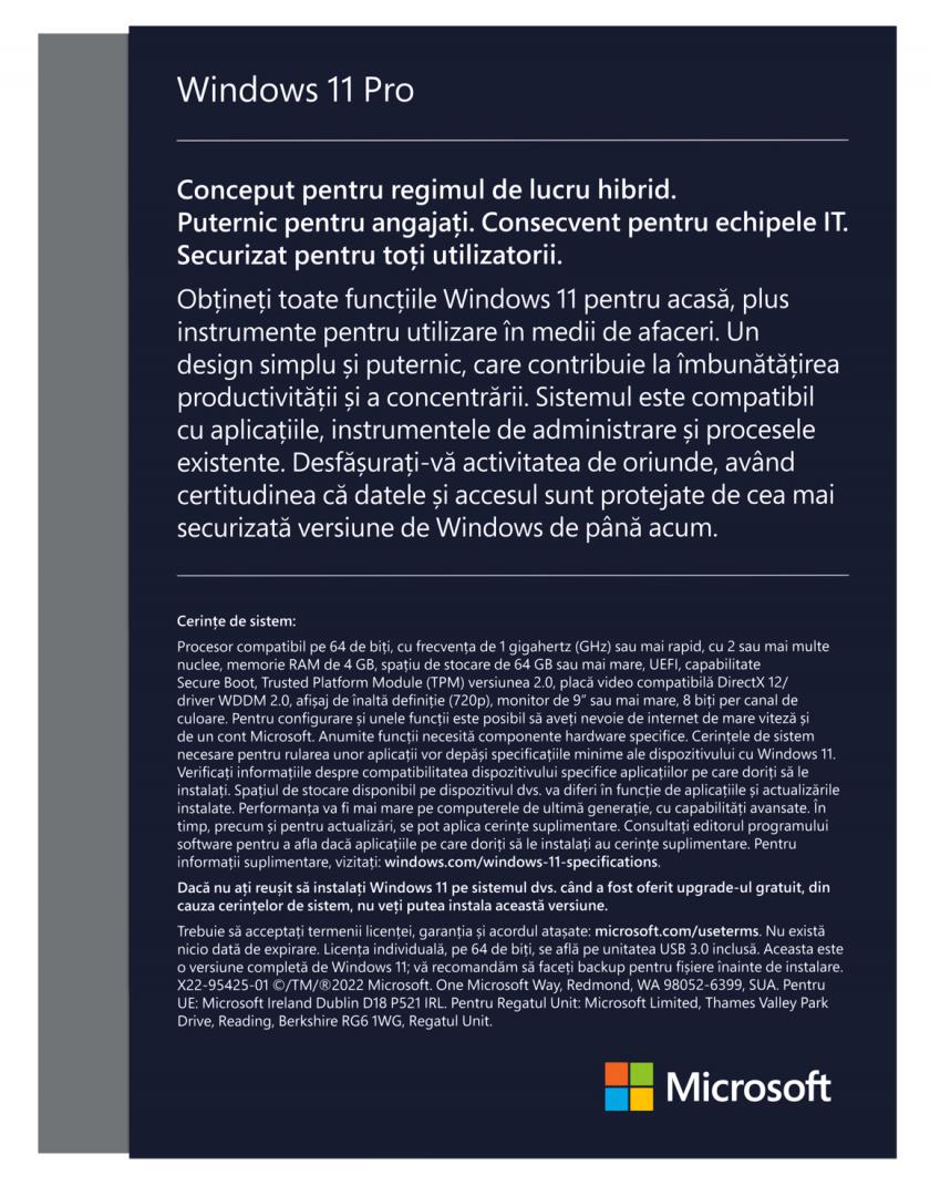 Licenta retail Microsoft Windows 11 Pro 32-bit/64-bit Romanian USB