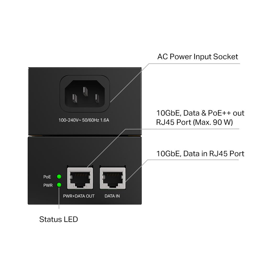 "Omada 10G PoE++ Injector Adapter PORT: 1× 10Gbps PoE Port, 1× 10Gbps Non-PoE Port SPEC: 802.3bt/at/af Compliant, 90 W PoE Power, Data and Power Carried over the same cable, Steel Case"