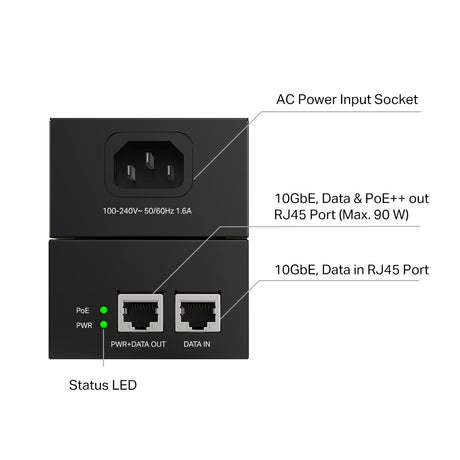 "Omada 10G PoE++ Injector Adapter PORT: 1× 10Gbps PoE Port, 1× 10Gbps Non-PoE Port SPEC: 802.3bt/at/af Compliant, 90 W PoE Power, Data and Power Carried over the same cable, Steel Case"