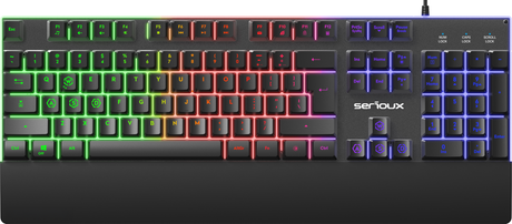 Tastatura gaming cu fir iluminata Serioux Nexor, interfata USB, numar de taste: 104, material ABS, anti-ghosting: 19 taste, lungime cablu 1.5m PVC, dimensiuni (LxAxH): 435.74 × 178.54 × 33.62 mm, negru