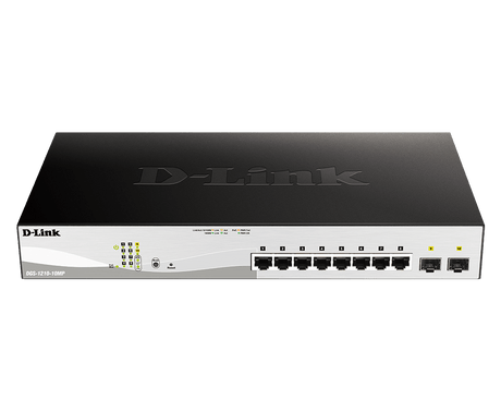 D-Link Switch 10 porturi POE smart maaged DGS-1210-10MP, Interfata: 8 x 10/100/1000Mbps, 2 x100/1000 SFP, Capacitate switch: 20 Gbps, Memorie: 128Mb DDR3, Flash 32Mb, Auto MDI/MDIX, Buget POE: 130W, Dimensiuni: 330 x 180 x 44 mm, Greutate: 1.77kg.
