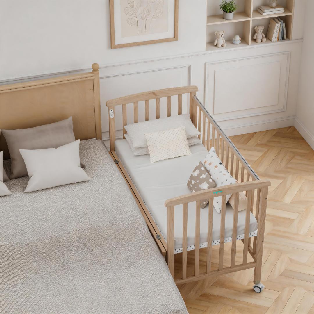 Patut din lemn bebe, +0 luni, 120x60 cm,  culoare natur,laterala rabatabila, reglabil pe 3 nivele de inaltime, U-Grow
