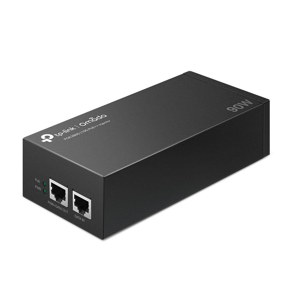 "Omada 10G PoE++ Injector Adapter PORT: 1× 10Gbps PoE Port, 1× 10Gbps Non-PoE Port SPEC: 802.3bt/at/af Compliant, 90 W PoE Power, Data and Power Carried over the same cable, Steel Case"