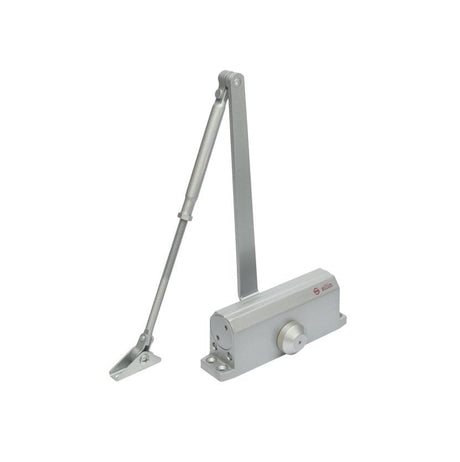 Amortizor hidraulic cu brat SA-6033AW-sv, argintiu; Pentru: usi cu greutatea de 40-65 kg; latime usa ≤950mm; Ulei hidraulic termostabil; Viteza de inchidere reglabila; Montare universala: stanga sau dreapta; Culoare: argintiu; Deschidere usa la 180°;