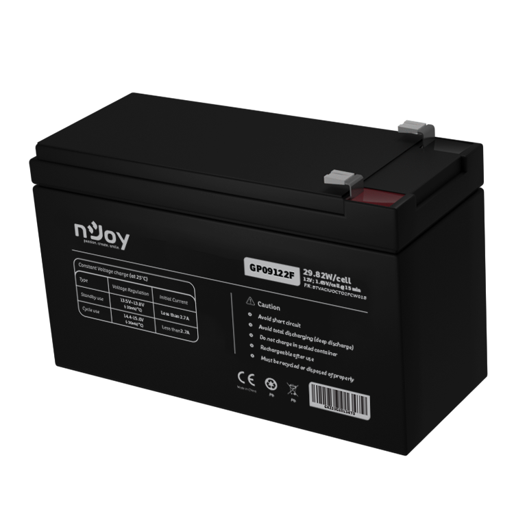 ACUMULATOR NJOY GP09122F 12V Tip VRLA AGM Terminale F2 Durata teoretica de viata in mod asteptare pana la 5 ani Cycle Use 14.4V-15.0V (-30mV/C), max. Current: 2.7A Float Use 13.5-13.8V (-20 mV/C) https://www.njoy.global/product/gp09122f?el=resources