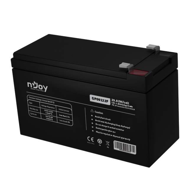 ACUMULATOR NJOY GP09122F 12V Tip VRLA AGM Terminale F2 Durata teoretica de viata in mod asteptare pana la 5 ani Cycle Use 14.4V-15.0V (-30mV/C), max. Current: 2.7A Float Use 13.5-13.8V (-20 mV/C) https://www.njoy.global/product/gp09122f?el=resources
