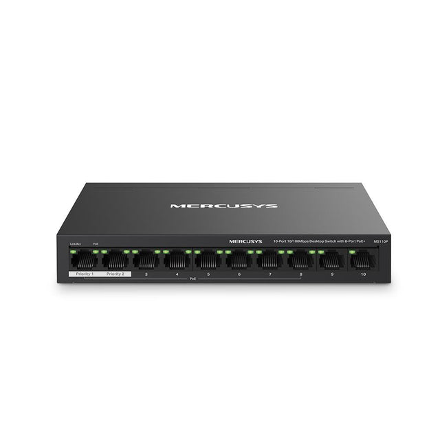 MERCUSYS DESKTOP SWITCH 10PORT MS110P POE, Interfata:  10× 10/100 Mbps, Standarde si protocoale:  IEEE 802.3x Flow Control, Dimensiuni:  171*98* 27 mm, Porturi POE: 1-8, Buget POE: 65W.
