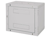 Rack de perete Triton sectiune simpla 12U 600mm adancime usa sticla panouri laterale fixe, sectiuni acces cabluri sus/jos/spate securizare cu cheie, 1 pereche montanti reglabili IP30 gri