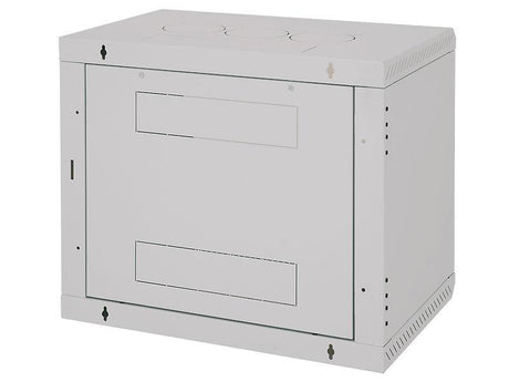 Rack de perete Triton sectiune simpla 12U 600mm adancime usa sticla panouri laterale fixe, sectiuni acces cabluri sus/jos/spate securizare cu cheie, 1 pereche montanti reglabili IP30 gri