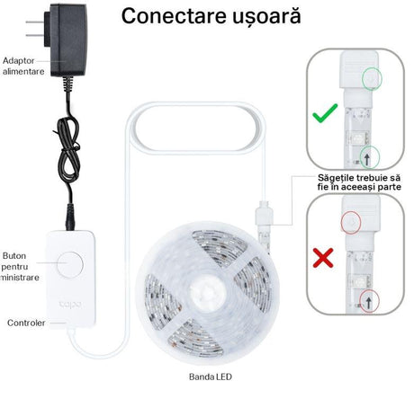 TP-Link Tapo L900-10 Smart light strip kit, 16 milioane culori, 2 x 5m, dimensiuni: 5000 × 10 × 1.6 mm fiecare, Wi-Fi Protocol: IEEE 802.11b/g/n, Frecventa: 2.4 GHz, intensitate reglabila.