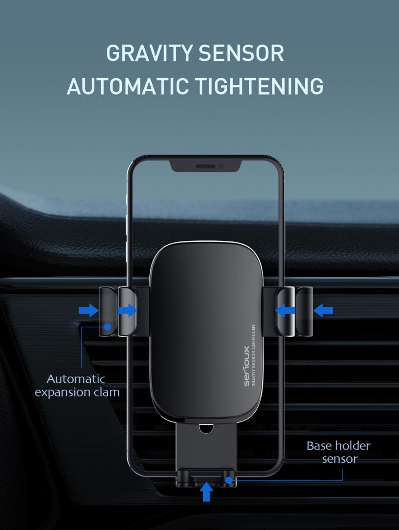 Suport auto telefon Gravity Serioux CH03, Material: ABS+ aluminium, mod de instalare: tip cataramă, poziție de fixare: aerisire, culoare: negru, potrivit pentru: telefon mobil