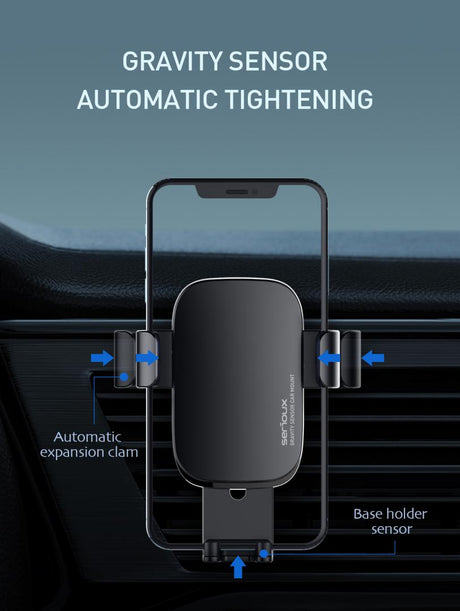 Suport auto telefon Gravity Serioux CH03, Material: ABS+ aluminium, mod de instalare: tip cataramă, poziție de fixare: aerisire, culoare: negru, potrivit pentru: telefon mobil