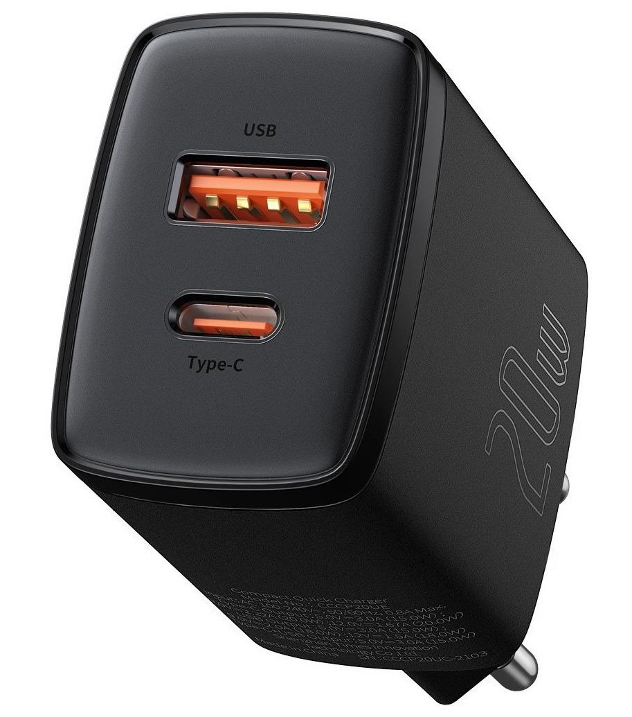 Incarcator retea Baseus Compact, Quick Charge 20W, 1 x USB Type-C 5V/3A max, 1 x USB 5V/3A, negru