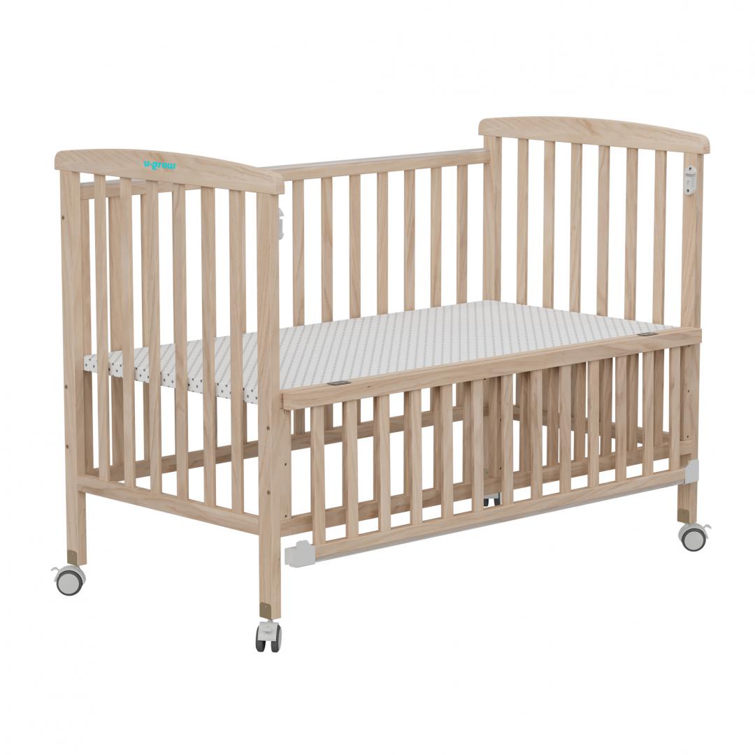 Patut din lemn bebe, +0 luni, 120x60 cm,  culoare natur,laterala rabatabila, reglabil pe 3 nivele de inaltime, U-Grow
