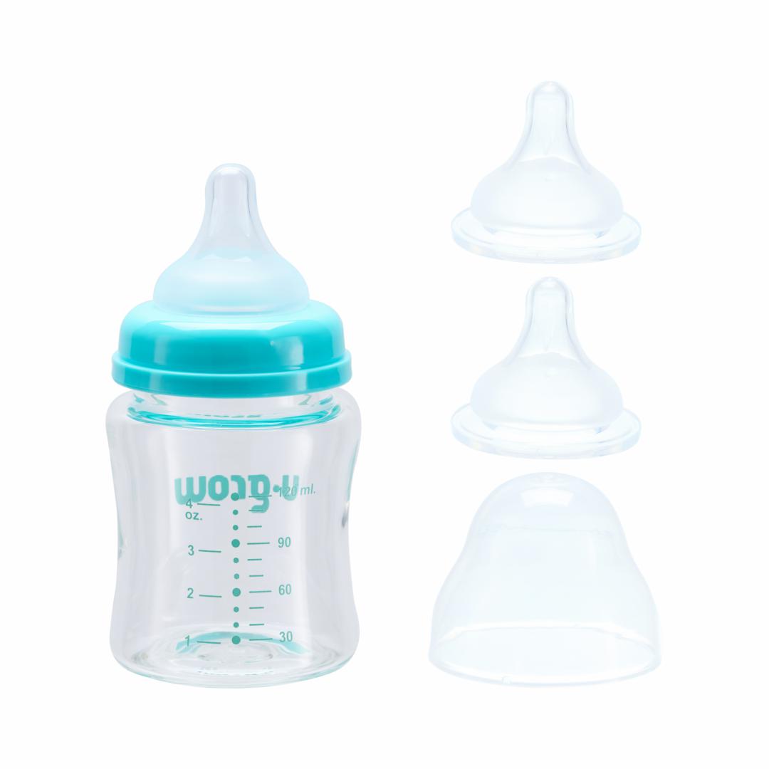 Biberon de sticla 120 ml+2 tetine extra, U-Grow