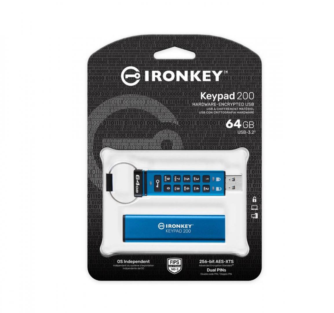 USB Flash Drive Kingston 64GB IronKey Keypad 200, USB 3.2 Gen1, FIPS140-3 Lvl 3 (Pending) AES-256 Encrypted