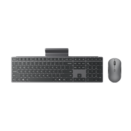 Kit wireless mouse & tastatura Lenovo 700 Modern Multi-Device Wireless Combo cu stand pentru teleofon; Mouse: pana la 4000DPI cu senzor: IR; numar de butoane: 8; conectivitate: receptor USB-A 2.4G si Bluetooth 5.4; layout tastatura: US; compatibil cu Windows 10, Windows 11; culoare: gri inchis (Luna
