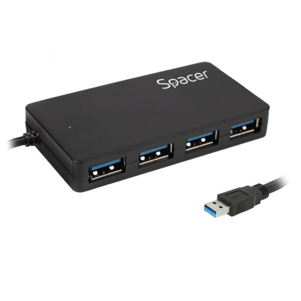 Hub extern Spacer, porturi USB: USB 3.0 x 4, conectare prin USB 3.0, lungime cablu 15cm, negru
