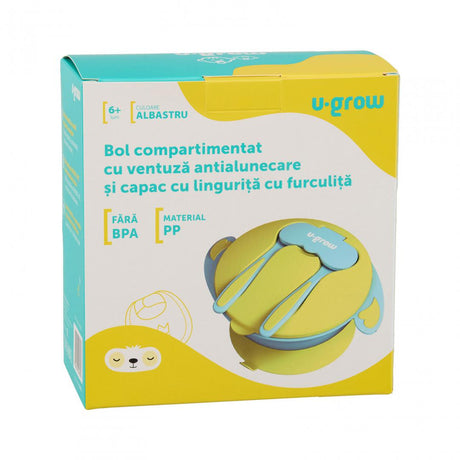 Bol compartimentat cu ventuza antialunecare si capac cu lingurita si furculita, blue, U-Grow