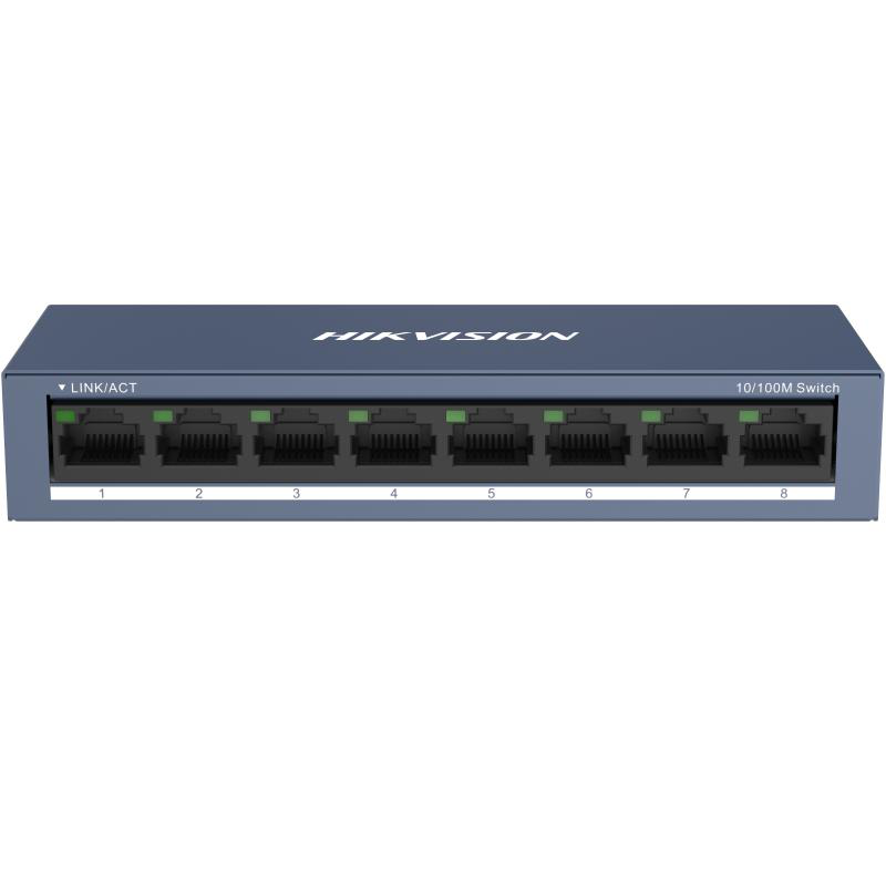 Switch Hikvision DS-3E0108-O: 8 × 10/100 Mbps RJ45 Port, tensiune alimentare 5 VDC, 1A., dimensiuni: 142.4 mm × 25.6 mm × 53.1 mm, greutate: 0.2 kg, montare pe birou sau pe perete.