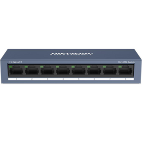 Switch Hikvision DS-3E0108-O: 8 × 10/100 Mbps RJ45 Port, tensiune alimentare 5 VDC, 1A., dimensiuni: 142.4 mm × 25.6 mm × 53.1 mm, greutate: 0.2 kg, montare pe birou sau pe perete.
