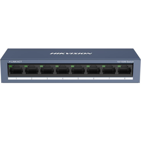 Switch Hikvision DS-3E0108-O: 8 × 10/100 Mbps RJ45 Port, tensiune alimentare 5 VDC, 1A., dimensiuni: 142.4 mm × 25.6 mm × 53.1 mm, greutate: 0.2 kg, montare pe birou sau pe perete.