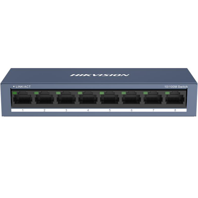 Switch Hikvision DS-3E0108-O: 8 × 10/100 Mbps RJ45 Port, tensiune alimentare 5 VDC, 1A., dimensiuni: 142.4 mm × 25.6 mm × 53.1 mm, greutate: 0.2 kg, montare pe birou sau pe perete.