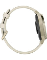 Ceas Garmin Lily 2 Active, display AMOLED, dimensiune afisaj 25,4 mm x 21,3 mm, rezolutie afisaj 240 x 201 pixeli, memorie 8GB, autonomie pana la 9 zile, rezistanta la apa pana la 5 ATM, greutate: 24,4g, ramă MLunar Glod şi curea Bone din silicon