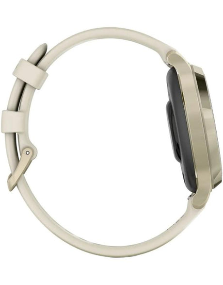 Ceas Garmin Lily 2 Active, display AMOLED, dimensiune afisaj 25,4 mm x 21,3 mm, rezolutie afisaj 240 x 201 pixeli, memorie 8GB, autonomie pana la 9 zile, rezistanta la apa pana la 5 ATM, greutate: 24,4g, ramă MLunar Glod şi curea Bone din silicon