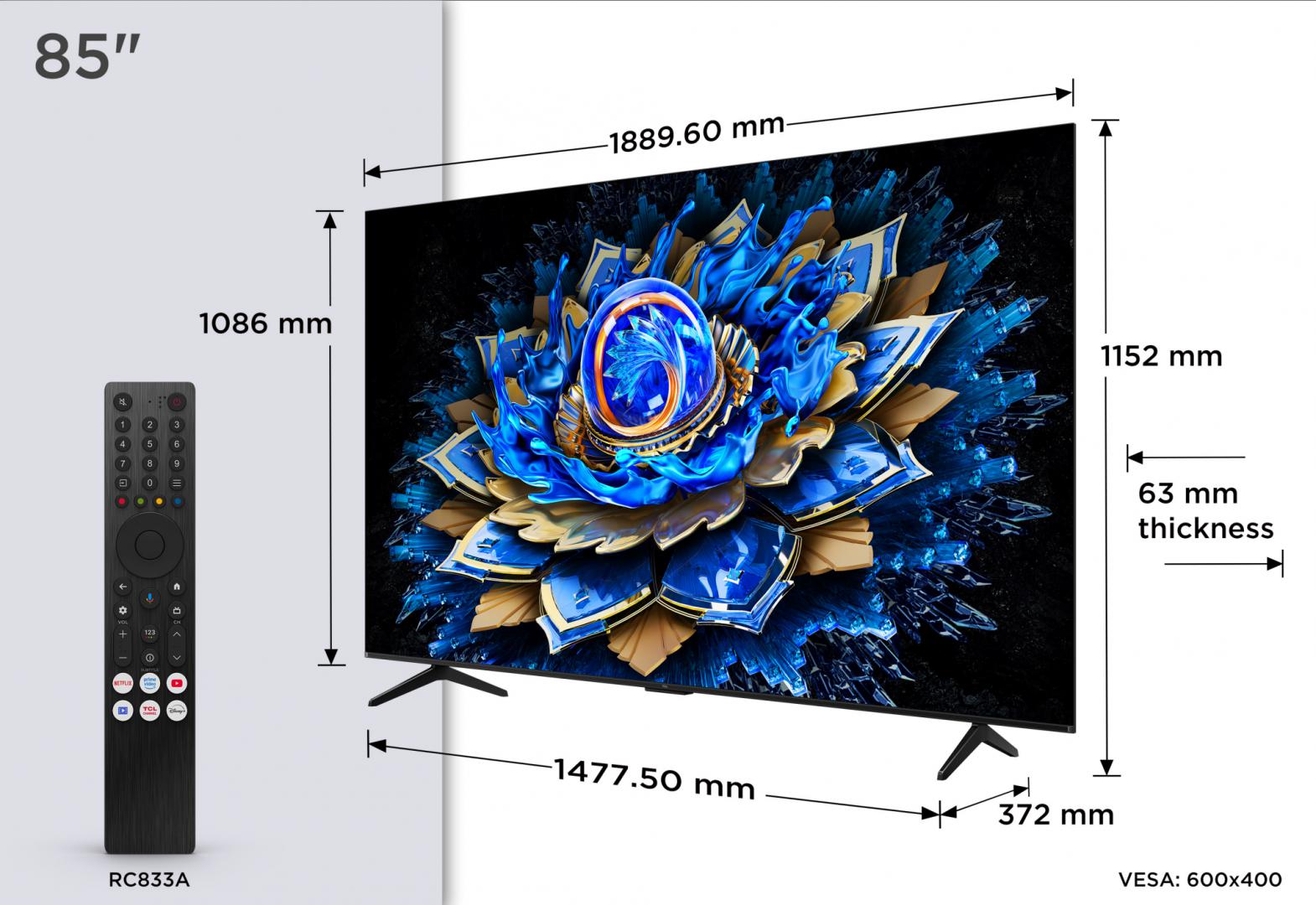 Televizor TCL QLED 85T69C, 215 cm, Smart Google TV, 4K Ultra HD, (Model 2025)