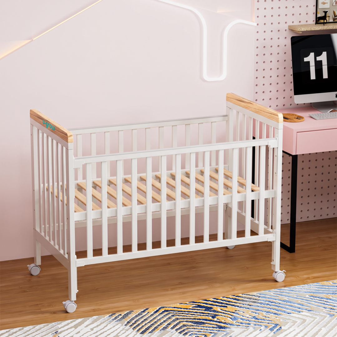 Patut din lemn bebe, +0 luni, 120x60 cm,  culoare alb, laterala culisanta, reglabil pe 3 nivele de inaltime, U-Grow