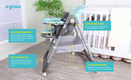 Scaun de masa cu inaltime reglabila, spatar ajustabil in 4 pozitii, pliabil, blue, U-Grow