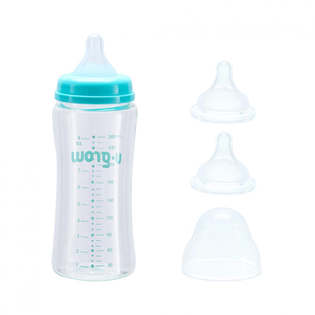 Biberon de sticla 260 ml+2 tetine extra, U-Grow