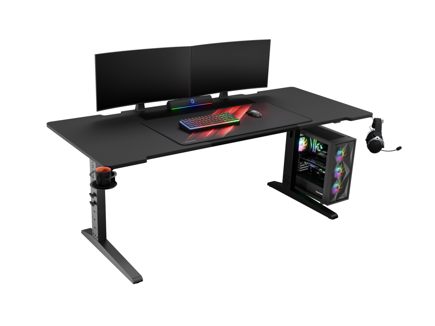 Birou gaming Genesis Holm Modular 180, material lemn/metal, reglabil pe inaltime 70 - 90 cm, iluminare RGB, management cabluri, negru
