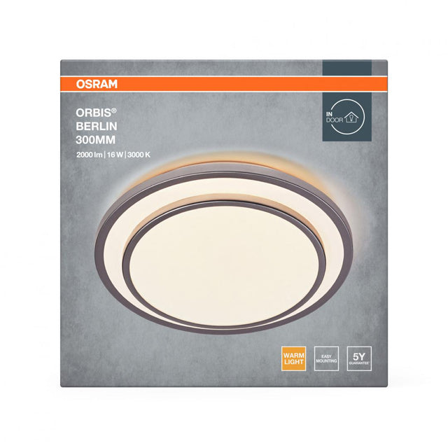 Plafoniera LED OSRAM Orbis Berlin 300, 16W, 2000 lm, lumina calda(3000K), IP20, Ø30cm, metal/plastic, Argintiu