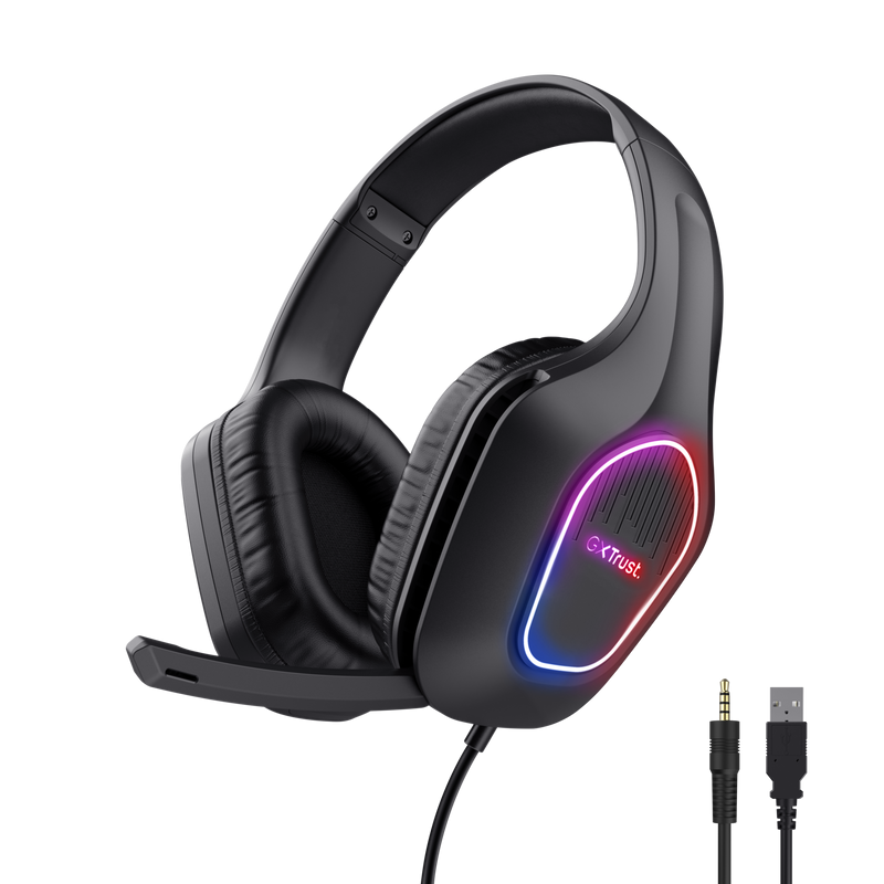 Casti cu fir Trust LED GXT 416 Zirox, cu microfon, interfata 3.5mm, USB- A, frecventa raspuns 20 Hz - 20.000 Hz, sensibilitate 90 dB, negru