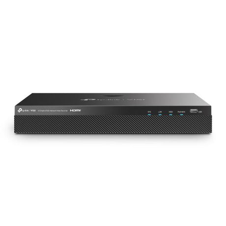 NVR PoE TP-Link VIGI 16 canale 2016H-16MP; 1, RJ-45 10/100/1000 Mbps, 140 W PoE Budget total; maxim 30 W per port, 4K, 2x SATA Interface, max 10TB, H.265+/H.265/ H.264+/H.264; ONVIF, CGI, detecție mișcare, linie, intruziune, persoane, vehicule etc.