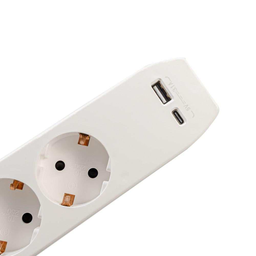 PRELUNGITOR SPACER, Schuko x 3, conectare prin Schuko (T),Type-C x1, USB x 1, 3.1A, cablu 4.5m, 16 A, max. 3500W,protectie copii, protectie supratensiune, Alb-Gri