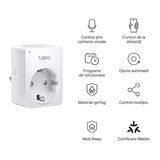 TP-LINK TAPO P100M Mini priză Wi-Fi smart, compatibilă cu Matter, WIFI Protocol: IEEE 802.11b/g/n, Bluetooth, 2.4Ghz, Dimensiuni: 72 × 51 × 40 mm, Cerinte de alimentare: 100-240V~, Incarcare maxima: 2,300W, 10A.