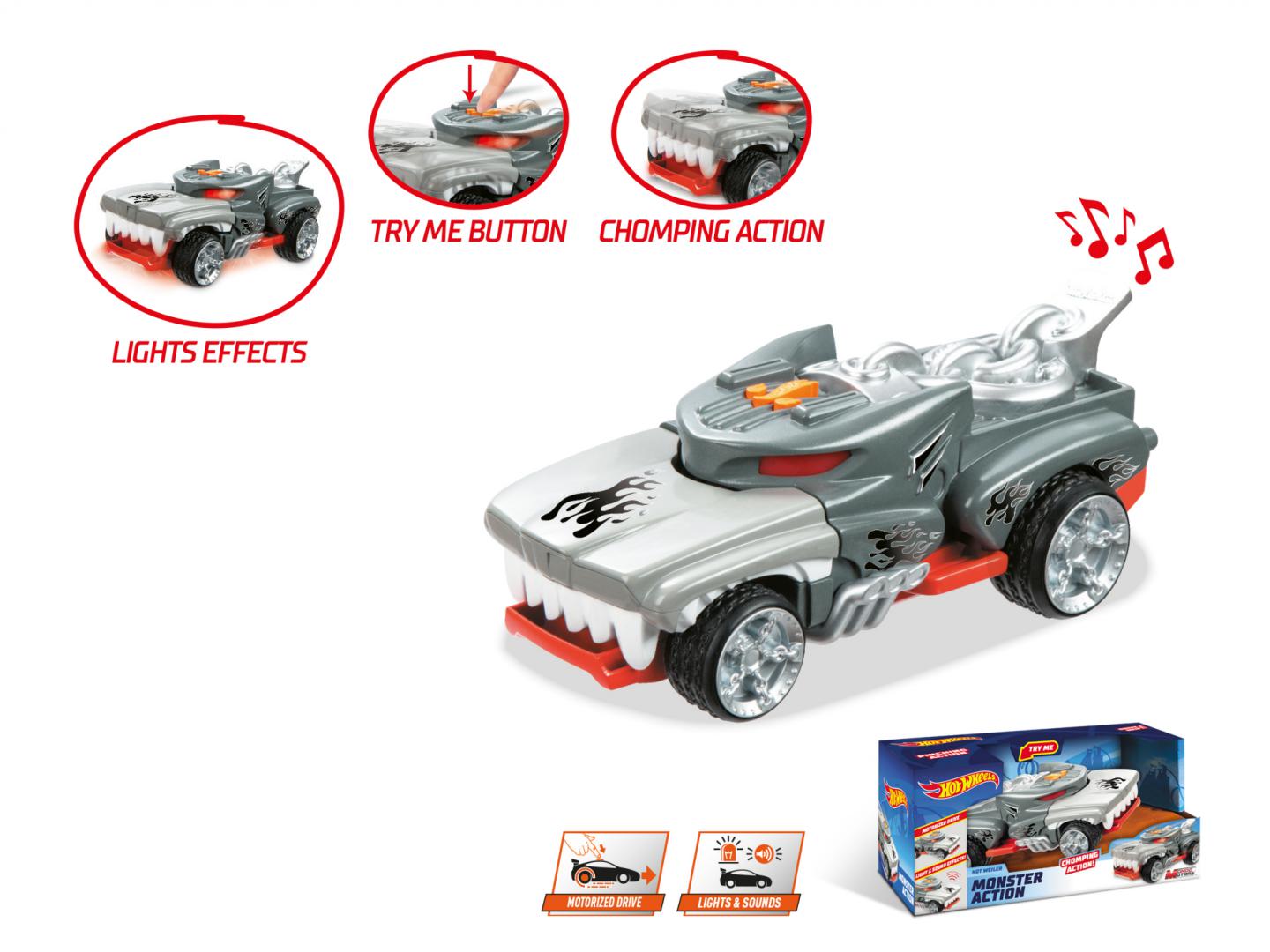 MASINA CU LUMINI SI SUNETE, MONSTER ACTION-HOTWEILER, HOT WHEELS