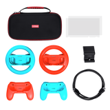 Pachet accesorii Trust pentru conosola Nintendo Switch, pachetul contine: husa de transport, 2 x prinderi Joy-Con, 2 x volan, sticla securizata pentru Switch, sticla securizata pentru Switch OLED, stand de incarcare, cablu USB-C-A, manual de utilizator