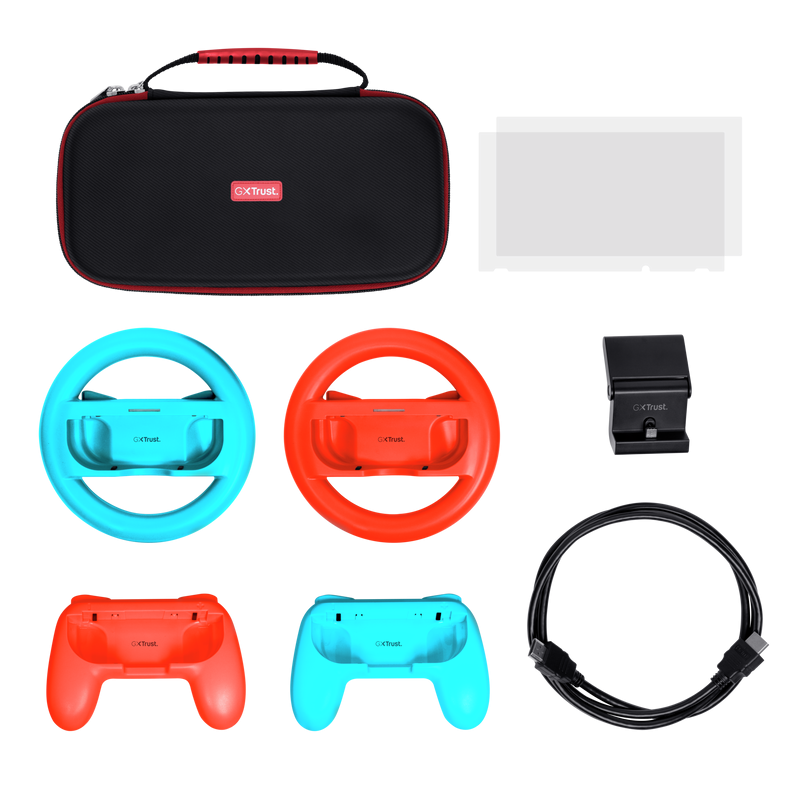 Pachet accesorii Trust pentru conosola Nintendo Switch, pachetul contine: husa de transport, 2 x prinderi Joy-Con, 2 x volan, sticla securizata pentru Switch, sticla securizata pentru Switch OLED, stand de incarcare, cablu USB-C-A, manual de utilizator