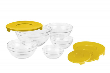 SET 5 BOLURI DE STICLA CU CAPAC,VANORA HOME(12 bucati in bax-cate 4 buc/culoare rosu, galben si albastru)