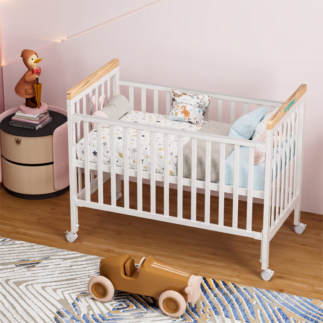 Patut din lemn bebe, +0 luni, 120x60 cm,  culoare alb, laterala culisanta, reglabil pe 3 nivele de inaltime, U-Grow