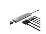 Adaptor Trust Dalyx 7-in-1, 2 porturi interfata USB-A 3.2 gen 1, 1 port USB-C, 2 porturi HDMI, 1 display port, 1 charging port USB-C 100W, led indicator oprit/pornit, lungime cablu 16cm, gri