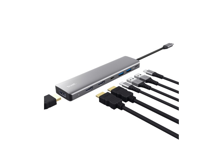 Adaptor Trust Dalyx 7-in-1, 2 porturi interfata USB-A 3.2 gen 1, 1 port USB-C, 2 porturi HDMI, 1 display port, 1 charging port USB-C 100W, led indicator oprit/pornit, lungime cablu 16cm, gri