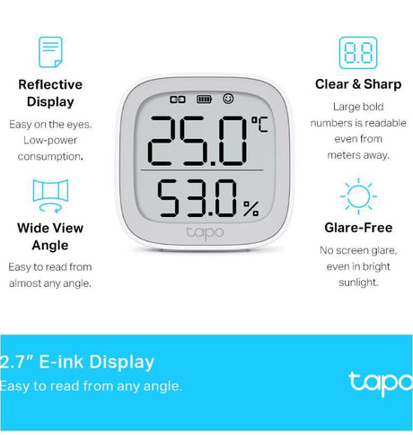 TP-LINK TAPO T315, Monitor smart de temperature si umiditate (necesită Hub Tapo), Wireless: 868 / 922 MHz, Acuratete temperature: ±0.3°C, Acuratete umiditate: ±3%RH, Dimensiuni: 62 × 62 × 24.5 mm, Alimentare: 2 × AAA/LR03 battery
