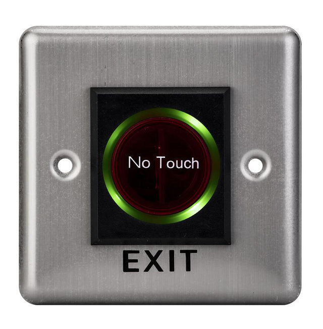Buton de iesire cu infrarosu, incastrabil, ND-EB15-2;Iesire contact:NO/NC; Icon: No Touch; LED stare Bi-color: albastru- verde; Distanta actionare: 5-15cm; Dimensiuni: (L x W x H)86 x 86 x 25mm;